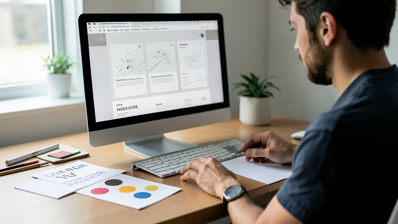 A graphic designer in a modern studio desk reviews brochure and print layout samples with typography tools and color swatches under natural lighting.
